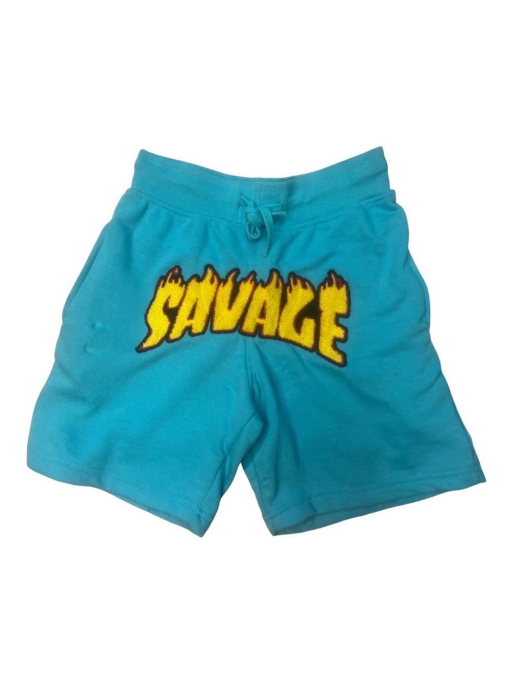Sz M Kids Turquoise 'SAVAGE' Flame Applique Shorts